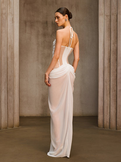 Avenyx Lace Ruched Split Maxi Dress In White