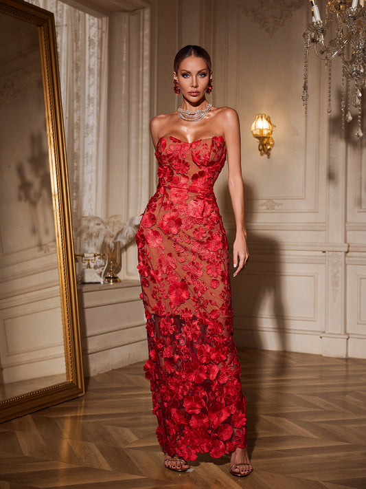 Rosstef Strapless Flower Maxi Dress