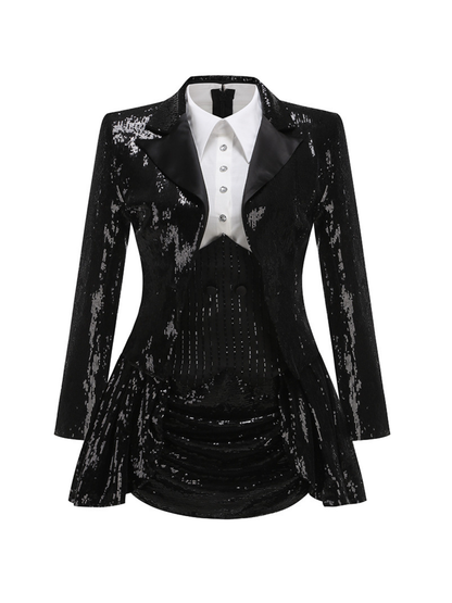 Azzin Folded Collar Sequin Skirt Set With Blazer