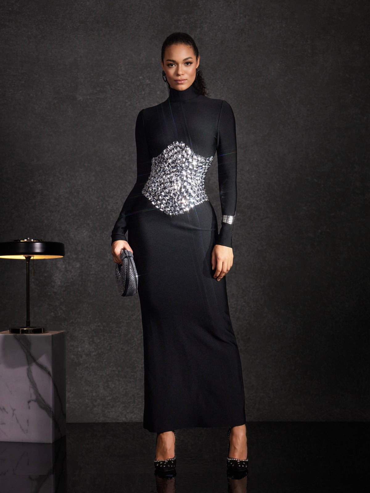 Bedros High Neck Crystal Bandage Dress