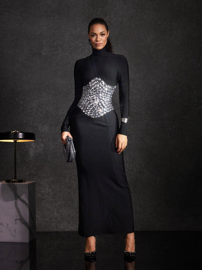 Bedros High Neck Crystal Bandage Dress