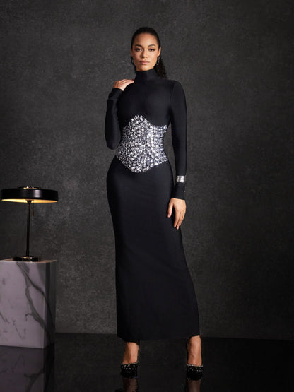 Bedros High Neck Crystal Bandage Dress