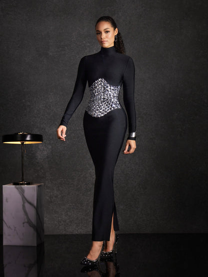 Bedros High Neck Crystal Bandage Dress