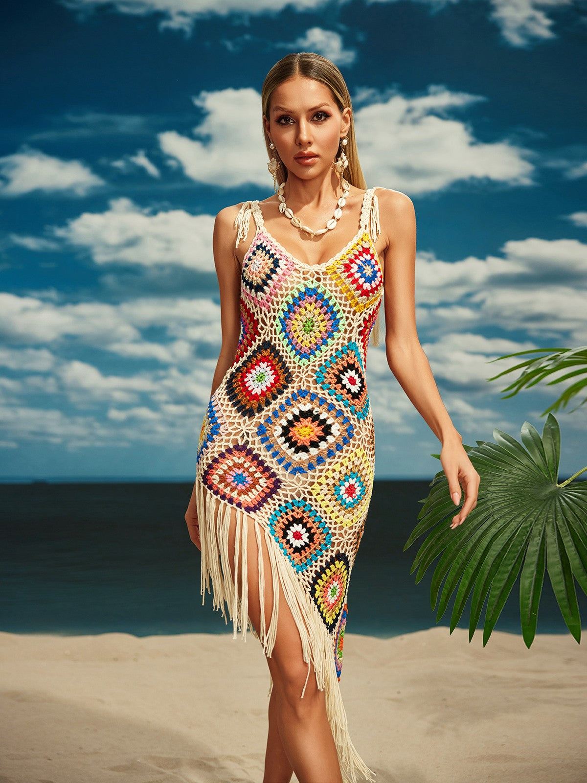 Rosstef Spaghetti Knitted Fringe Midi Dress