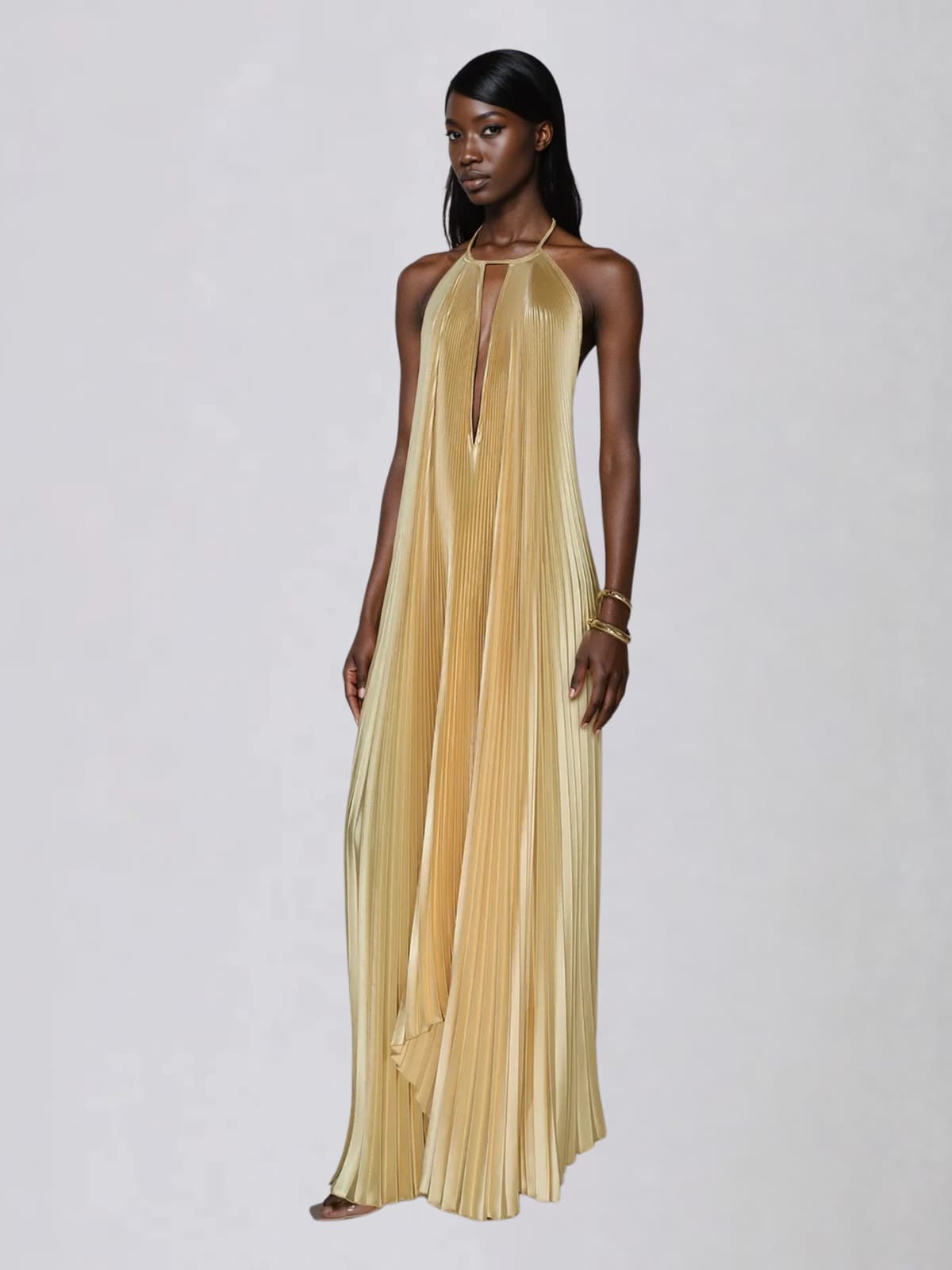 Belvix Backless Pleated Metallic Maxi Dress