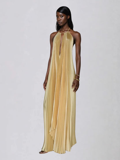 Belvix Backless Pleated Metallic Maxi Dress