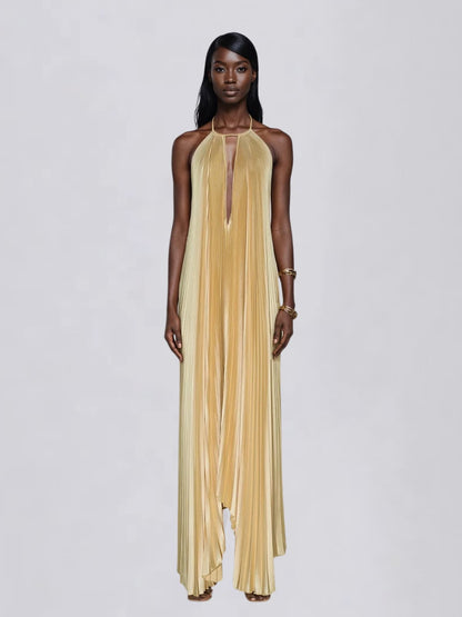 Belvix Backless Pleated Metallic Maxi Dress