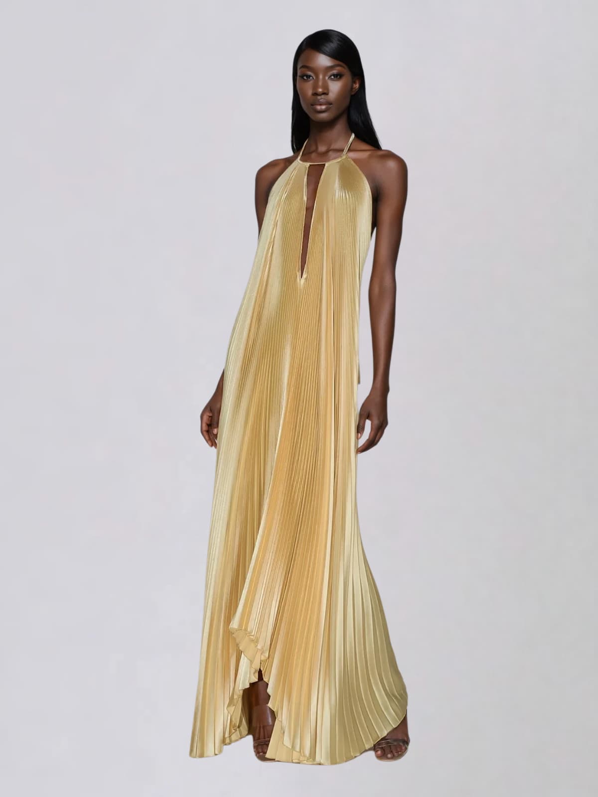 Belvix Backless Pleated Metallic Maxi Dress