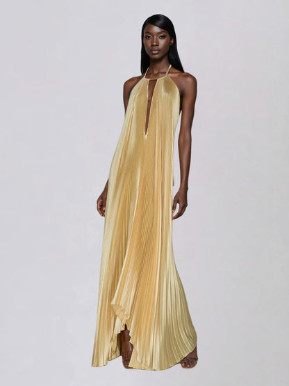 Belvix Backless Pleated Metallic Maxi Dress
