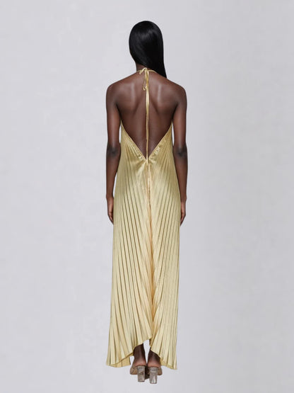 Belvix Backless Pleated Metallic Maxi Dress