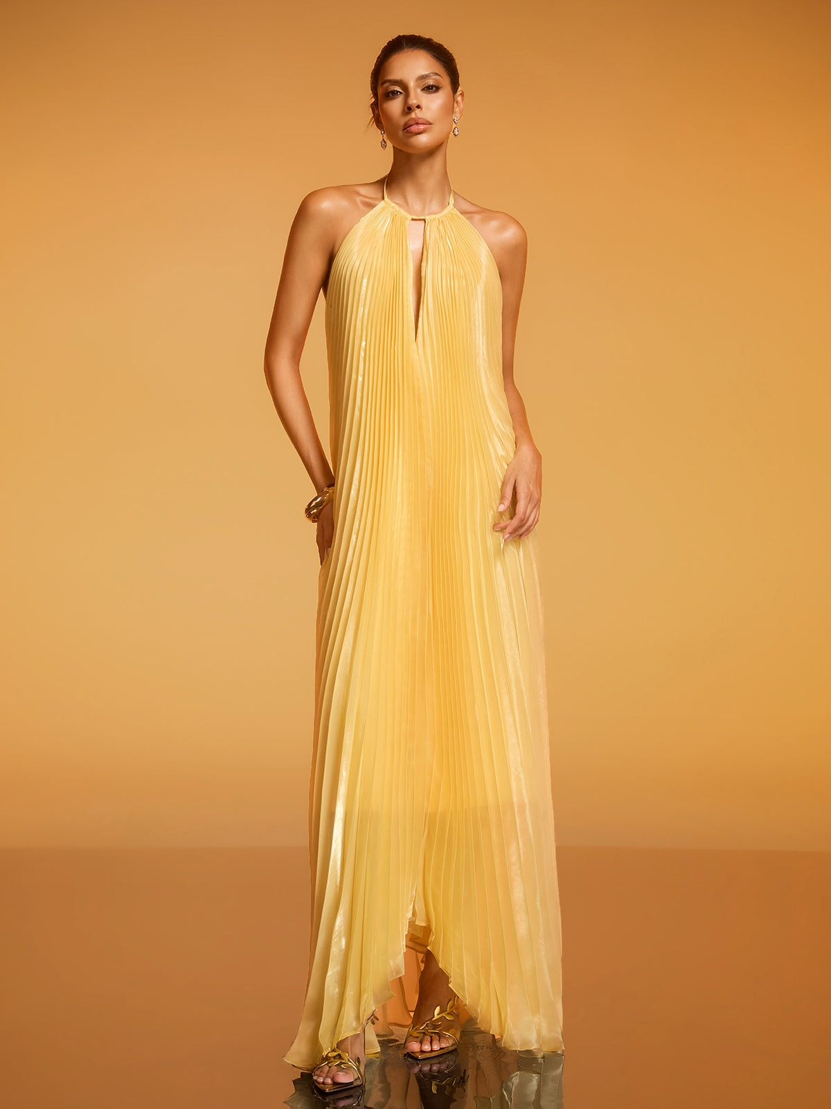 Belvix Backless Pleated Metallic Maxi Dress