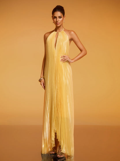Belvix Backless Pleated Metallic Maxi Dress