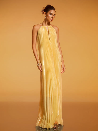 Belvix Backless Pleated Metallic Maxi Dress