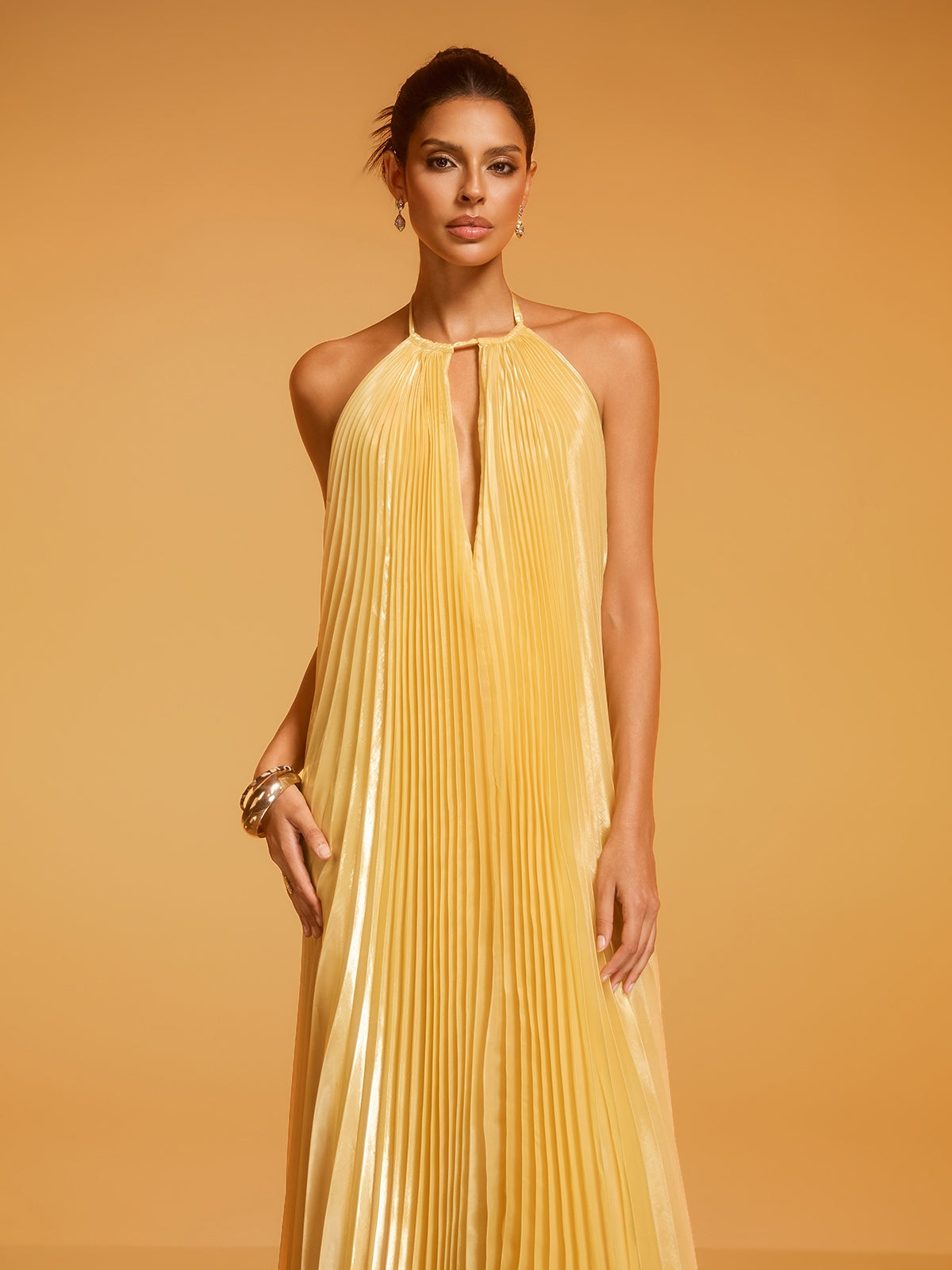 Belvix Backless Pleated Metallic Maxi Dress