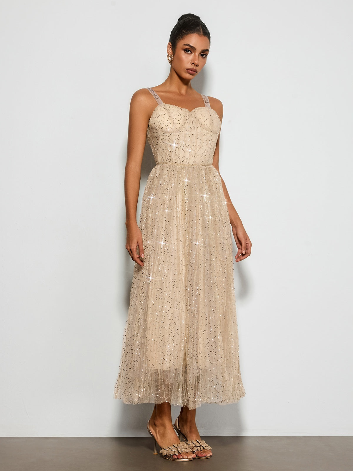 Belyric Mesh Sequin Flared Maxi Dress