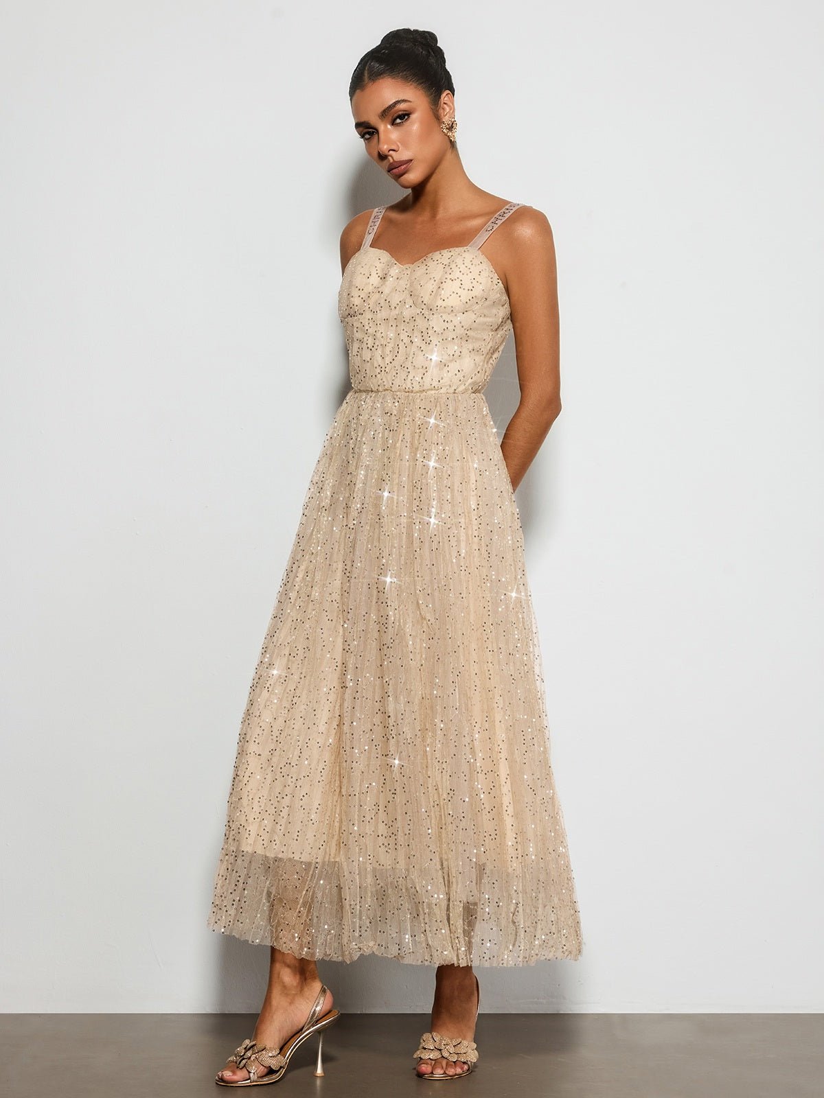 Belyric Mesh Sequin Flared Maxi Dress