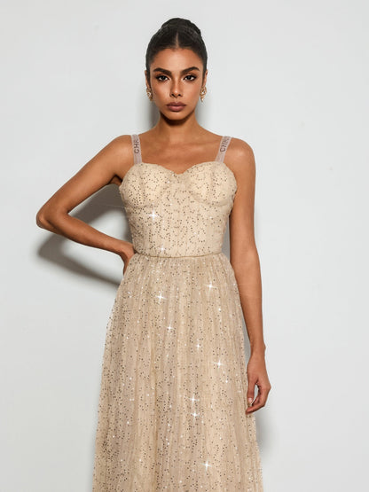Belyric Mesh Sequin Flared Maxi Dress