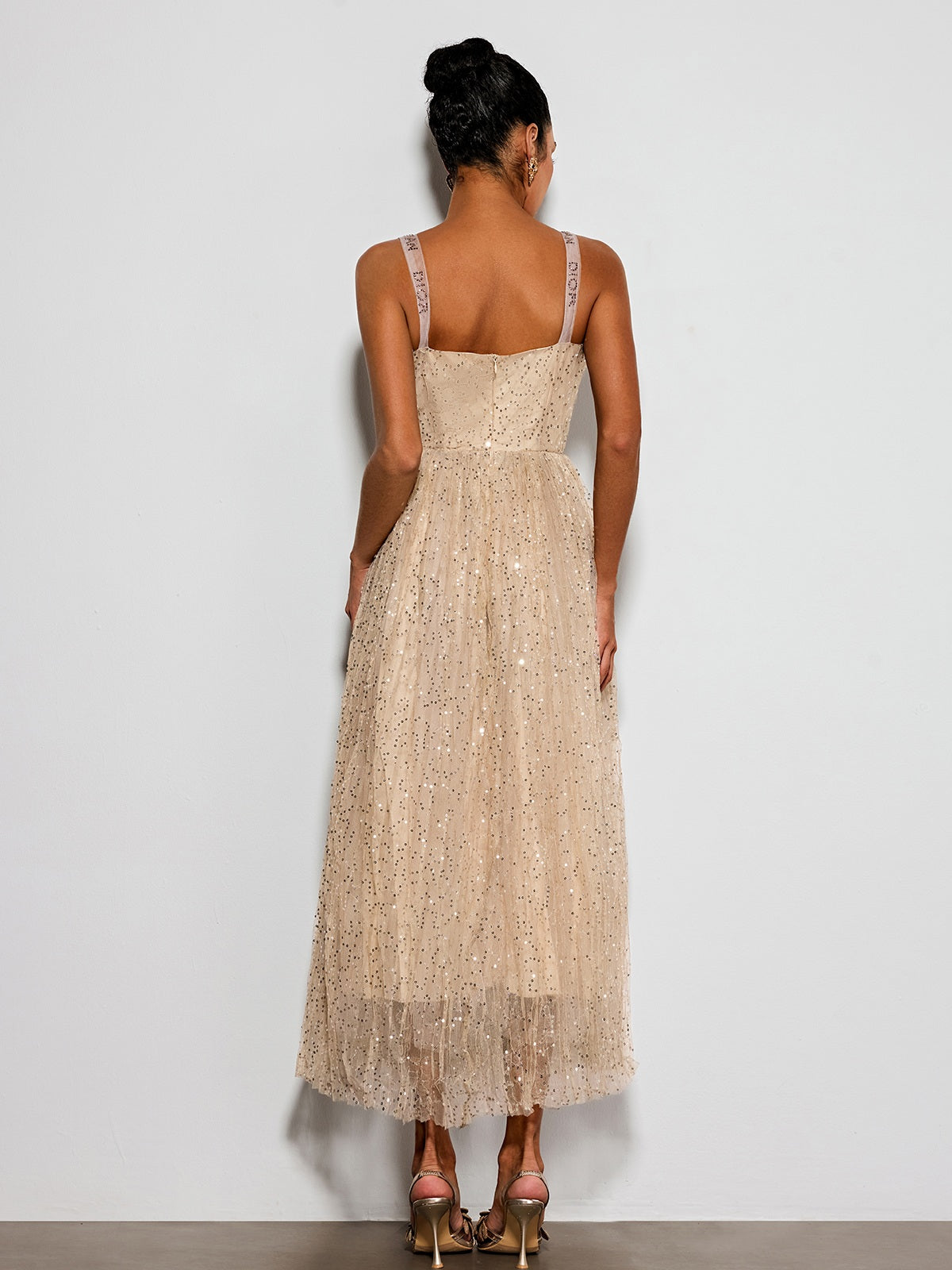Belyric Mesh Sequin Flared Maxi Dress