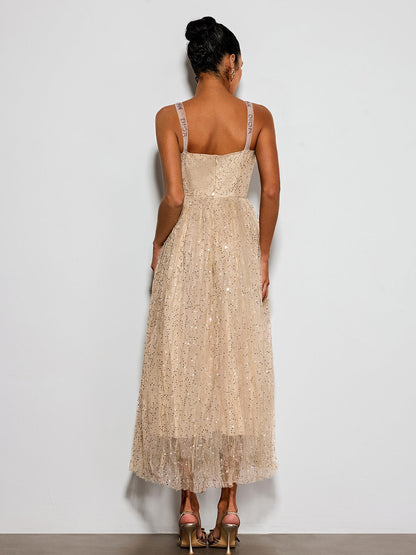 Belyric Mesh Sequin Flared Maxi Dress