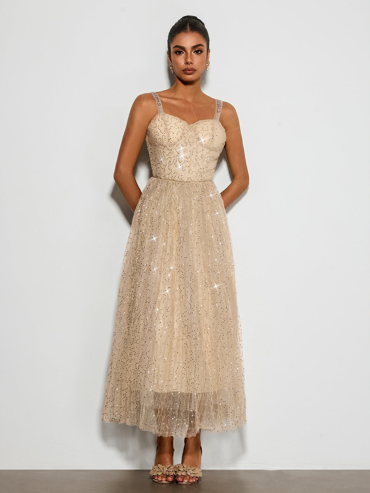 Belyric Mesh Sequin Flared Maxi Dress