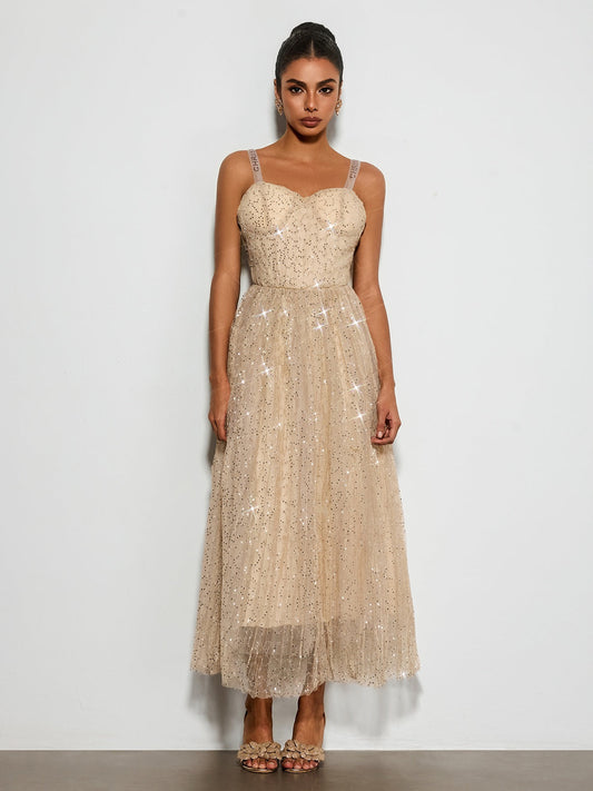 Belyric Mesh Sequin Flared Maxi Dress