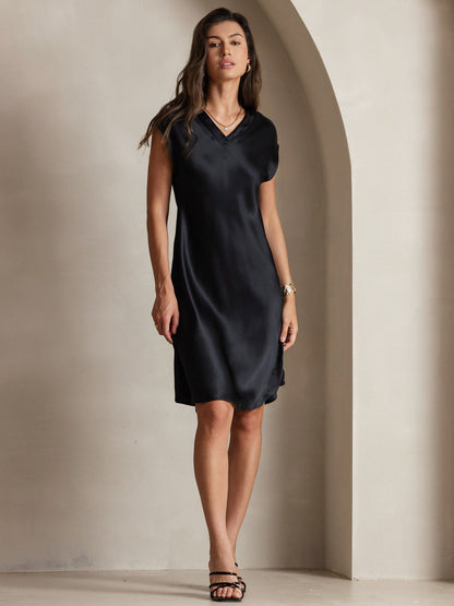 Rosstef 100% Mulberry Silk Cap Sleeve V Neck Dresses