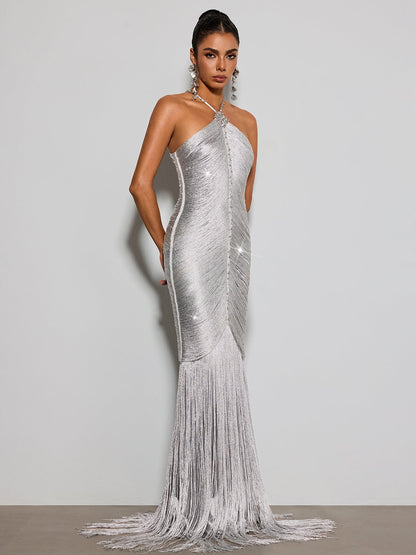 Bluma Halterneck Diamond Fringe Maxi Dress