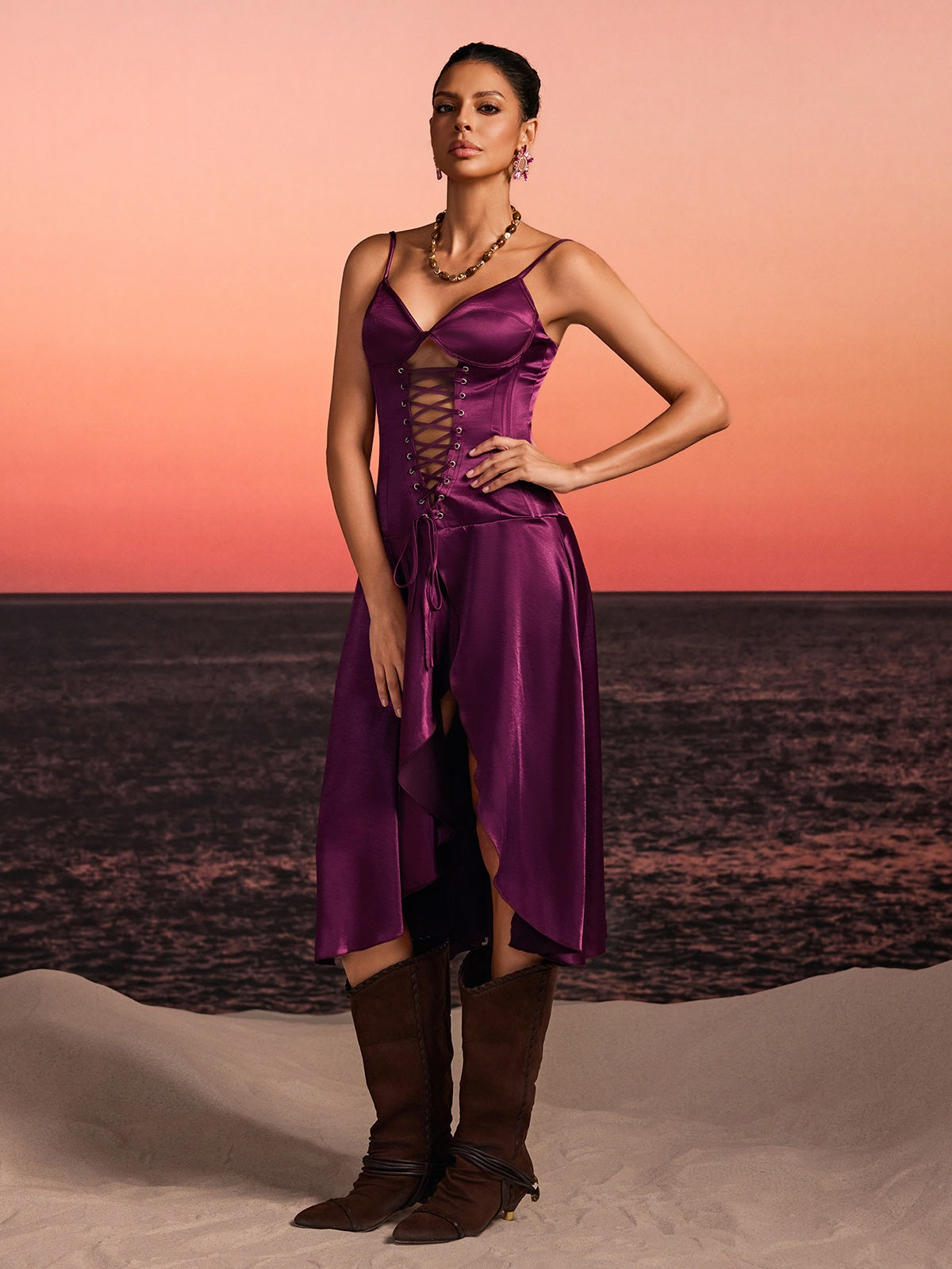 Rosstef Spagetti Lace Up Ruffle Midi Dress