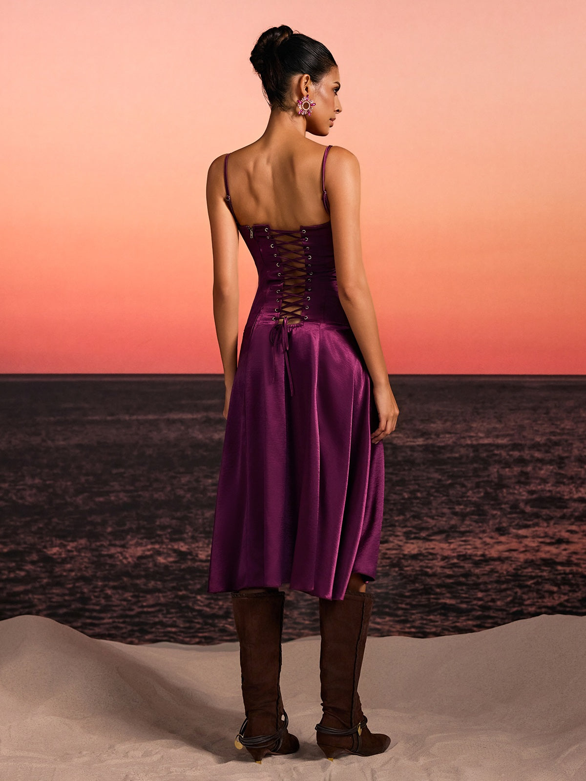 Rosstef Spagetti Lace Up Ruffle Midi Dress