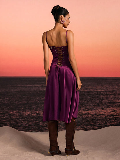 Rosstef Spagetti Lace Up Ruffle Midi Dress