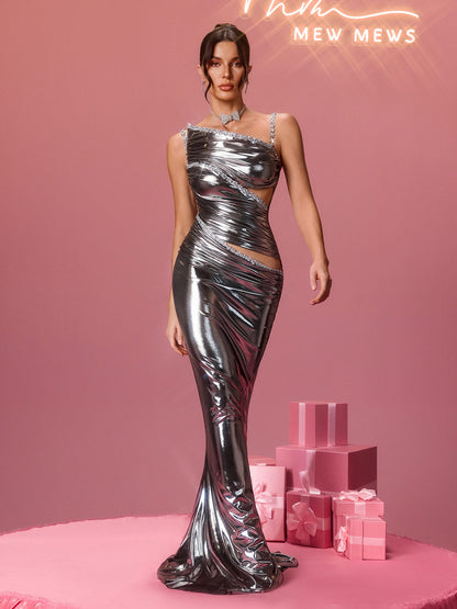 Braith Sleeveless Metallic Rhinestone Maxi Dress