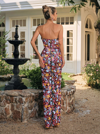 Caldrek Strapless Flower Sequin Maxi Dress