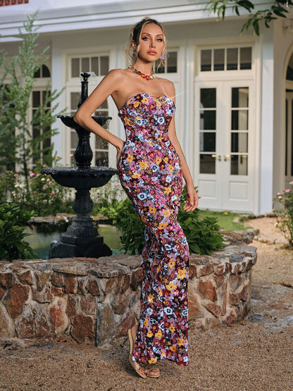 Caldrek Strapless Flower Sequin Maxi Dress