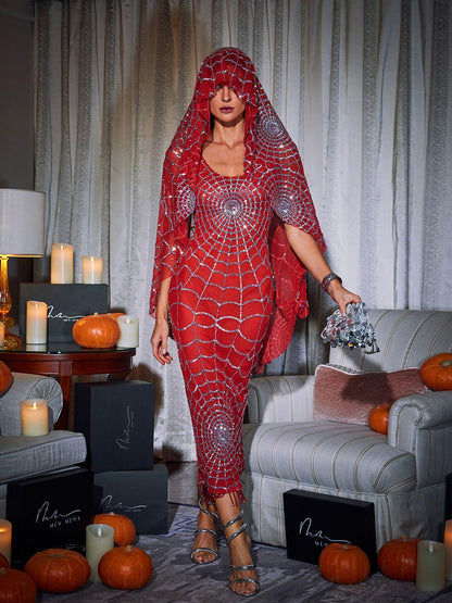 Rosstef Calyx Scoop Neck Cobweb Sequin Midi Gümüş Renkli Giyin
