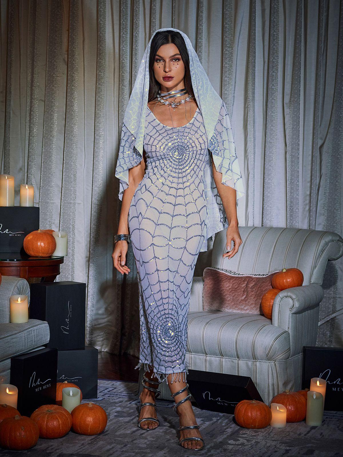 Rosstef Calyx Scoop Neck Cobweb Sequin Midi Giyin