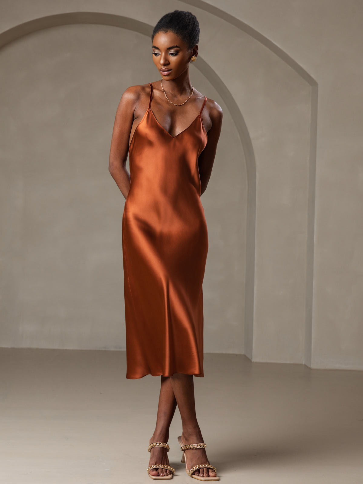 Rosstef Mulberry Silk Spaghetti Strap V Neck Midi Dress