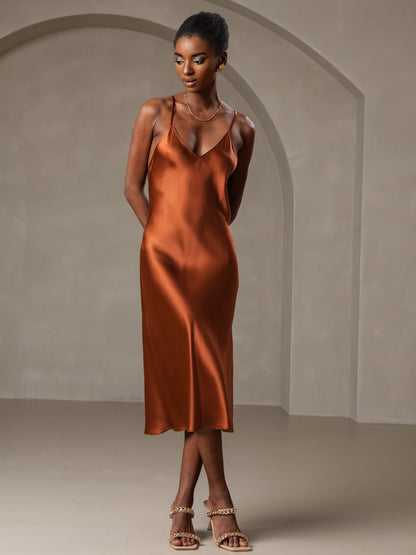 Rosstef Mulberry Silk Spaghetti Strap V Neck Midi Dress