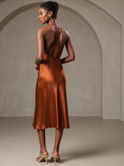 Rosstef Mulberry Silk Spaghetti Strap V Neck Midi Dress