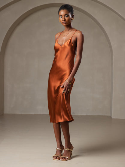 Rosstef Mulberry Silk Spaghetti Strap V Neck Midi Dress