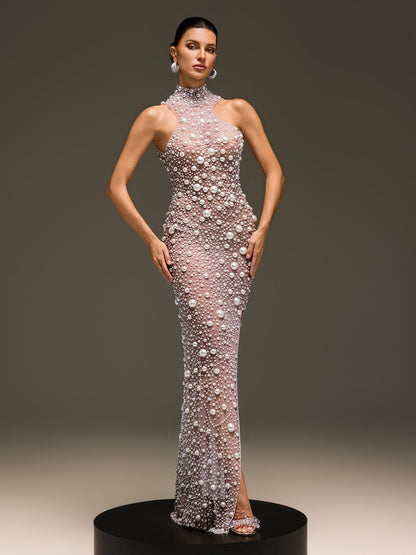 Celsa Sleeveless Pearl Mesh Split Dress