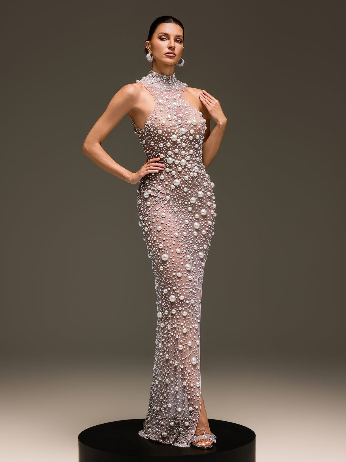 Celsa Sleeveless Pearl Mesh Split Dress