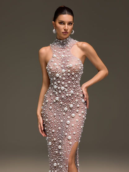 Celsa Sleeveless Pearl Mesh Split Dress