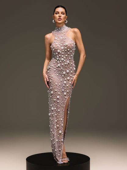 Celsa Sleeveless Pearl Mesh Split Dress