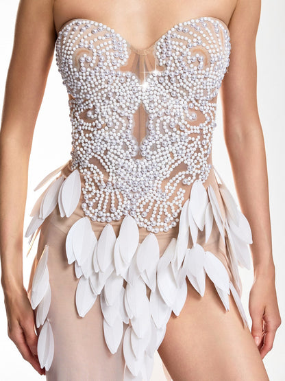 Cenvar Strapless Leaf Pearl Split Maxi Dress