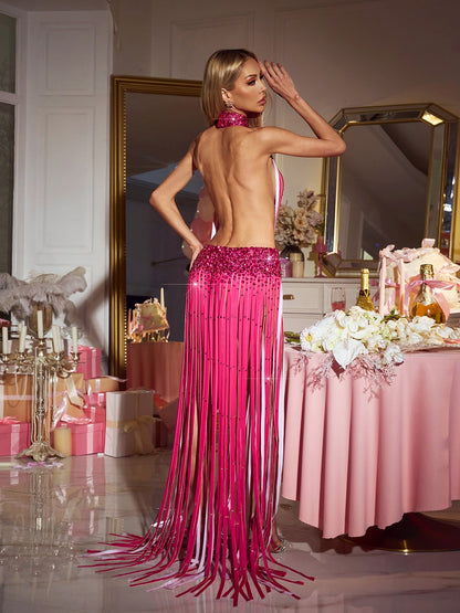 Cesare Halterneck Diamond Fringe Maxi Dress