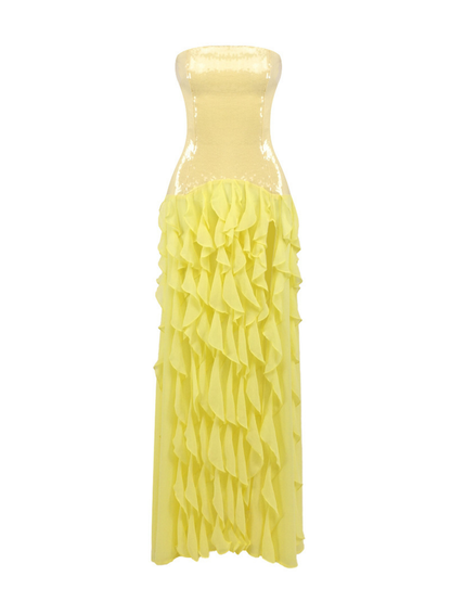 Chablis Strapless Sequin Ruffle Maxi Dress