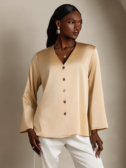 Rosstef 19Momme Silk Long Sleeve V-Neck Blouse