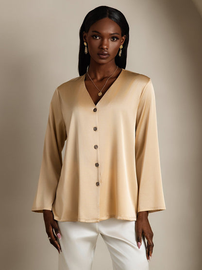 Rosstef 19Momme Silk Long Sleeve V-Neck Blouse