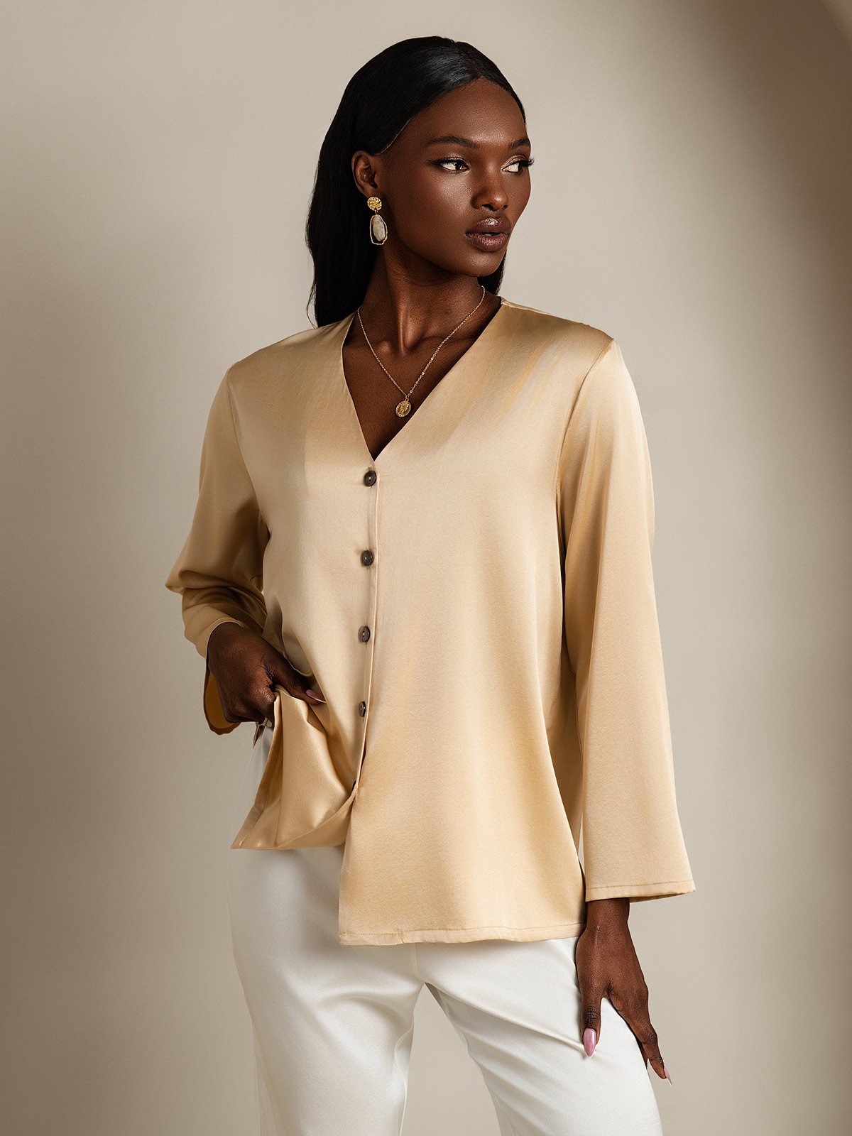 Rosstef 19Momme Silk Long Sleeve V-Neck Blouse