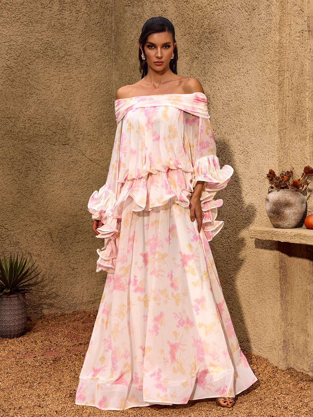 Rosstef Floral Ruffle Maxi Dress